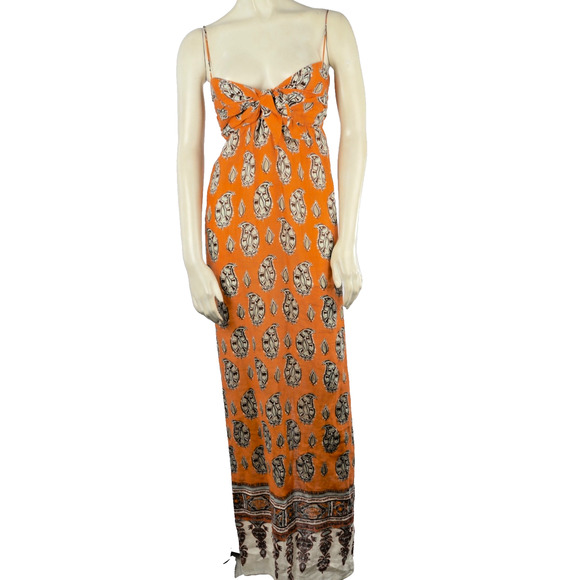 Johanna Ortiz Dress Orange Linen Printed Sleeveless Long Maxi Size 2 - Picture 1 of 16
